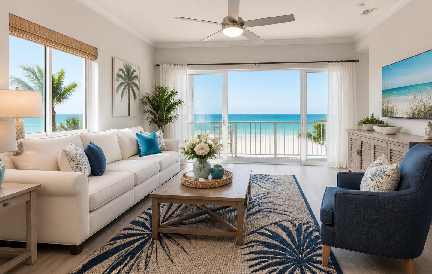Pristine beachfront vacation rental living room